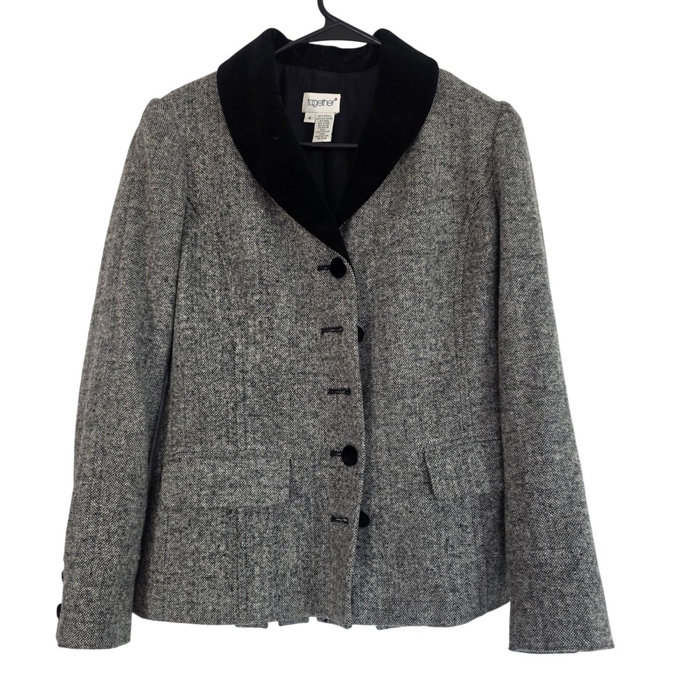 Together Womens Blazer Black Velvet Coll Tweed Single Breasted Button Up Size 4